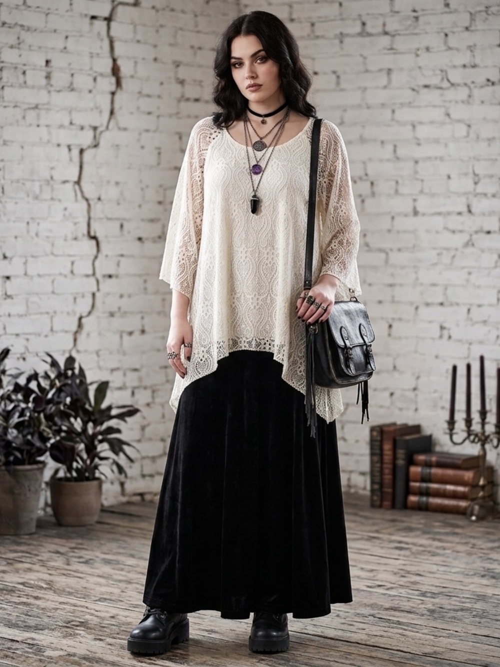 NWT Boho Lace Tunic Blouse Large Bell Sleeve Sharkbite Hem Whimsigoth Goth